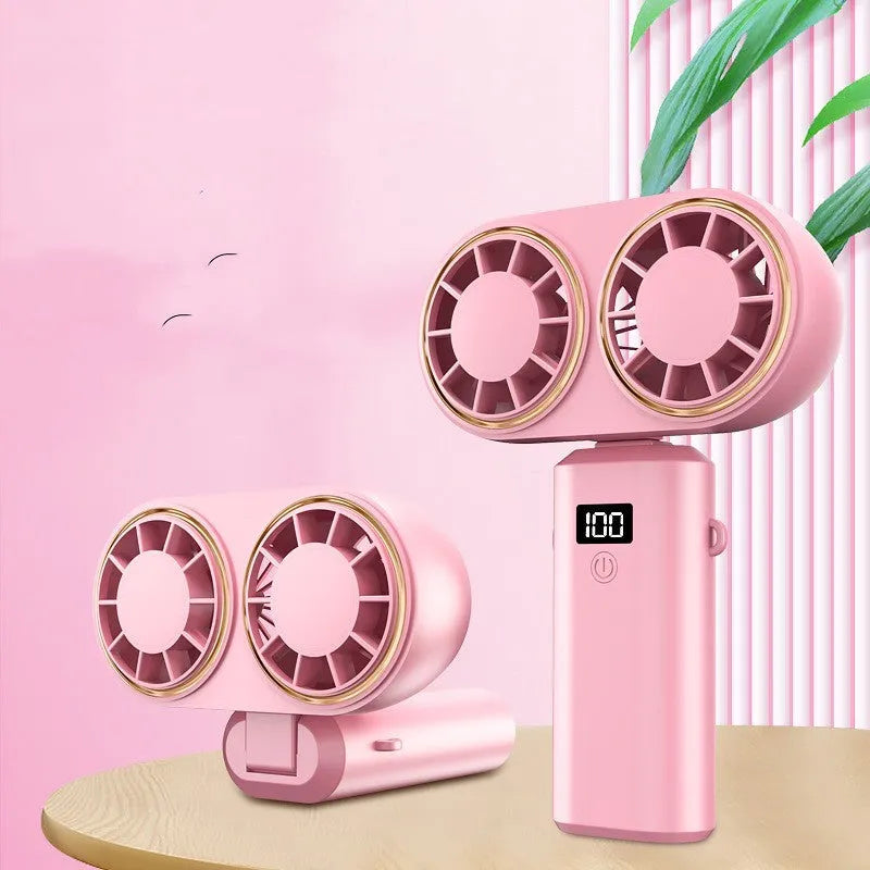 Folding USB handheld mini fan with digital display screen in milky white colour showing 5-speed settings