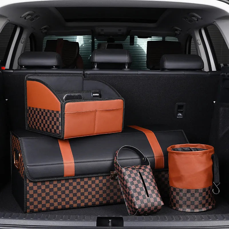 Leather retractable folding car trash can with handle, shown in vehicle interior