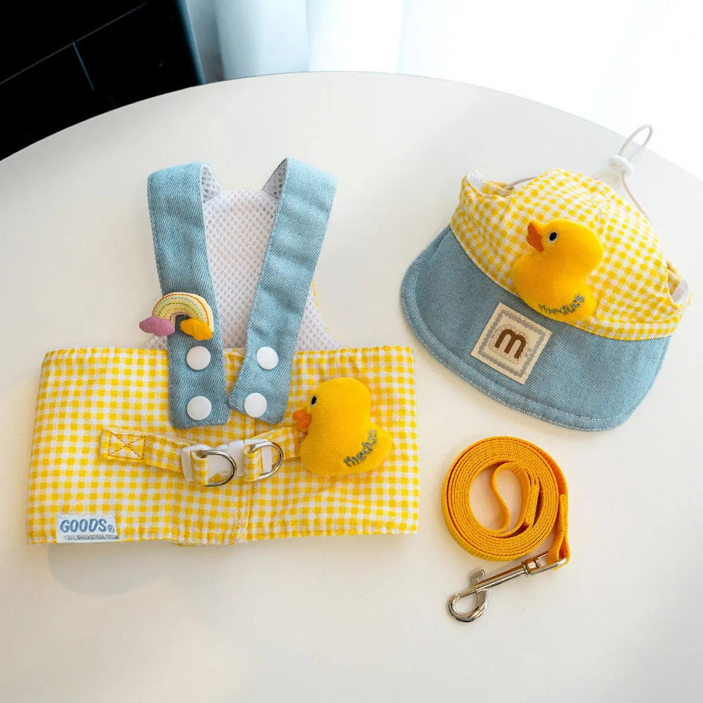 Dog harness and leash set with cat clothes, hat, and wire rope pulling rope for summer pet outings