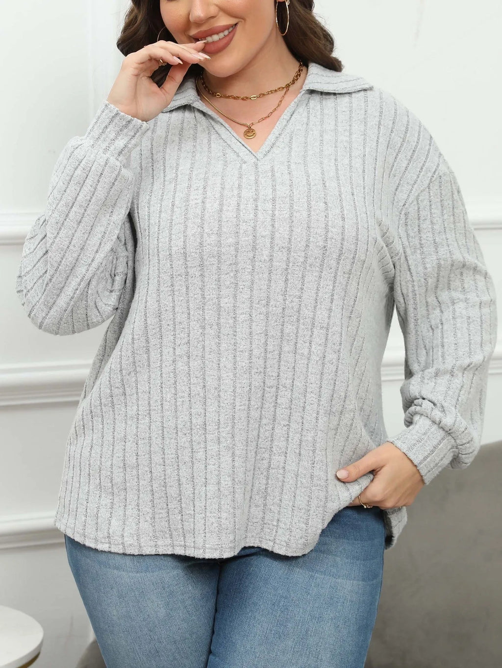 Plus size women's grey polo collar fleece shirt with lantern sleeves in Gothic street style.