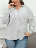 Plus size women's grey polo collar fleece shirt with lantern sleeves in Gothic street style.