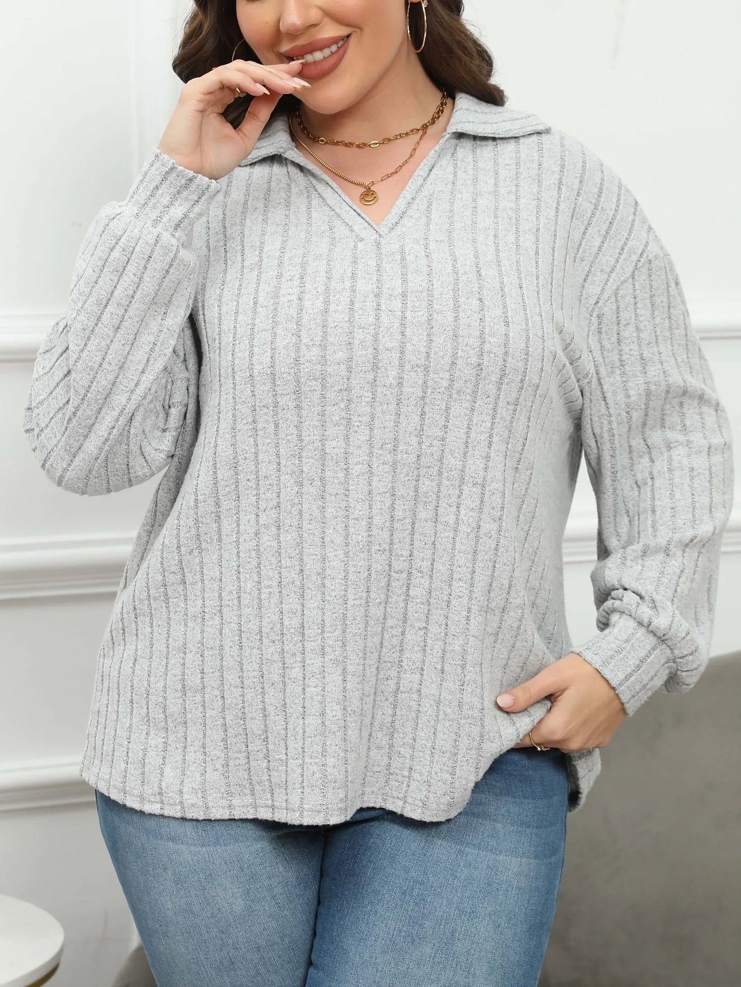 Plus size women's grey polo collar fleece shirt with lantern sleeves in Gothic street style.