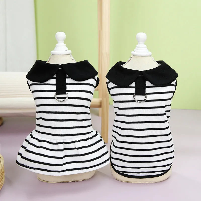 Striped cotton pet T-shirt and skirt summer outfit set for dogs