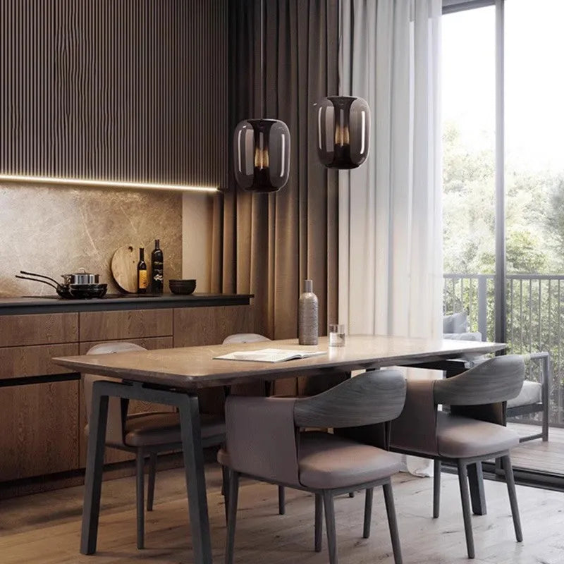 Nordic minimalist pendant chandelier with a creative glass shade in smoked grey, cognac, or transparent colour.