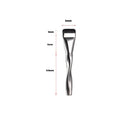 Spiral one-shaped black powder foundation brush with long handle on a white surface next to its storage bag.