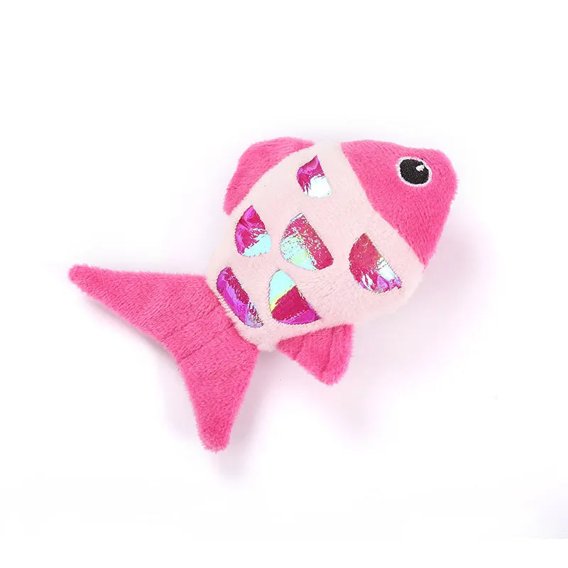 Two small fish-shaped cat toys with plush exterior in assorted colours