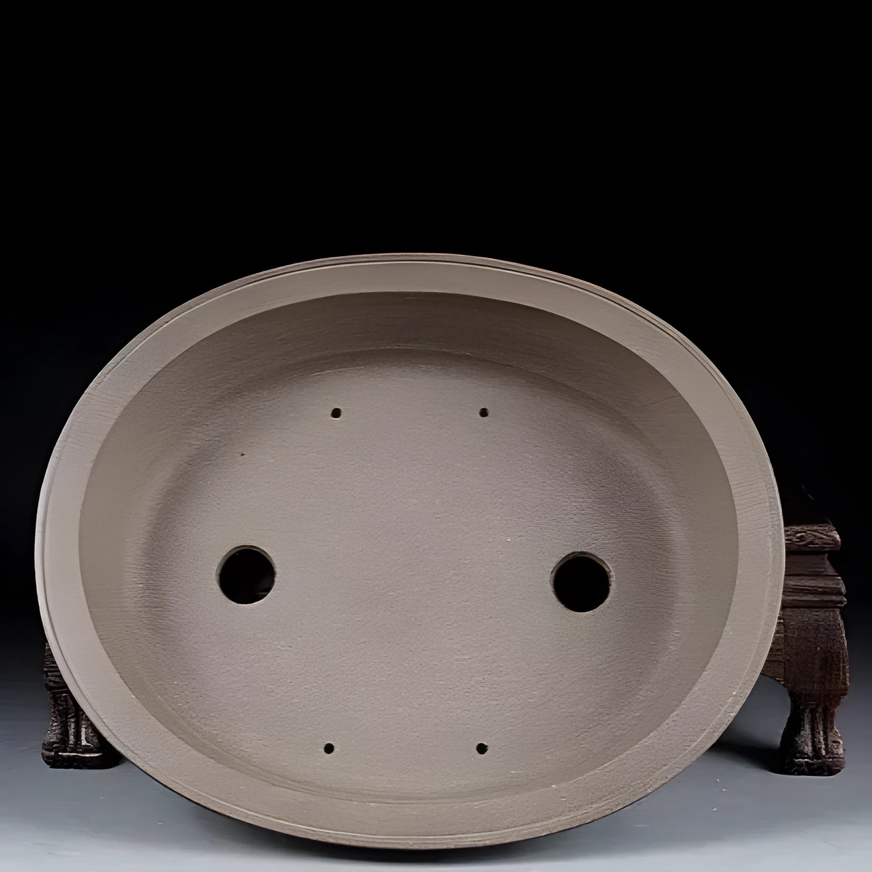 Handmade antique oval bonsai flower pot in purple sand ceramic, 25cm long by 21cm wide.