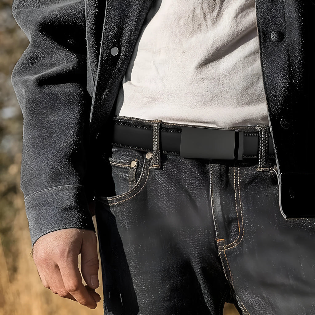 Men's embossed PU leather belt with an automatic alloy buckle in a neutral colour.