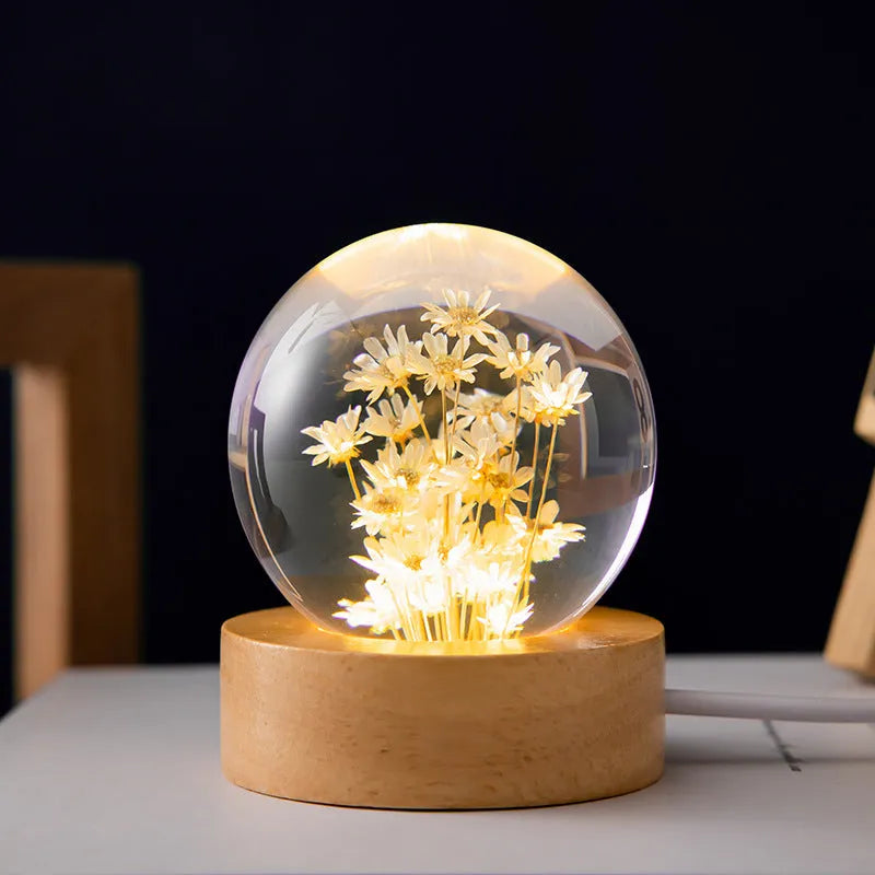 3D dandelion crystal ball night light on beech wood stand with USB cable