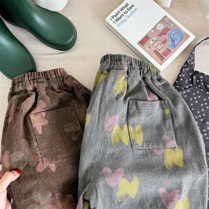 Pure cotton casual children's pants in brown and gray with high waist hair band belt for 80cm to 130cm heights