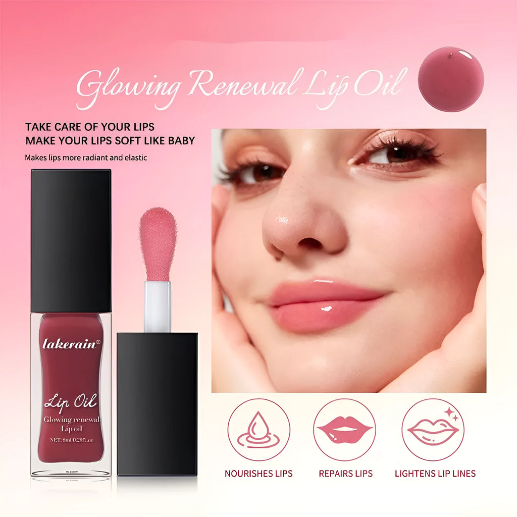 Glow Lip Gloss tube showing seven colour options with 8ml net content for nourishing moisturising lip care