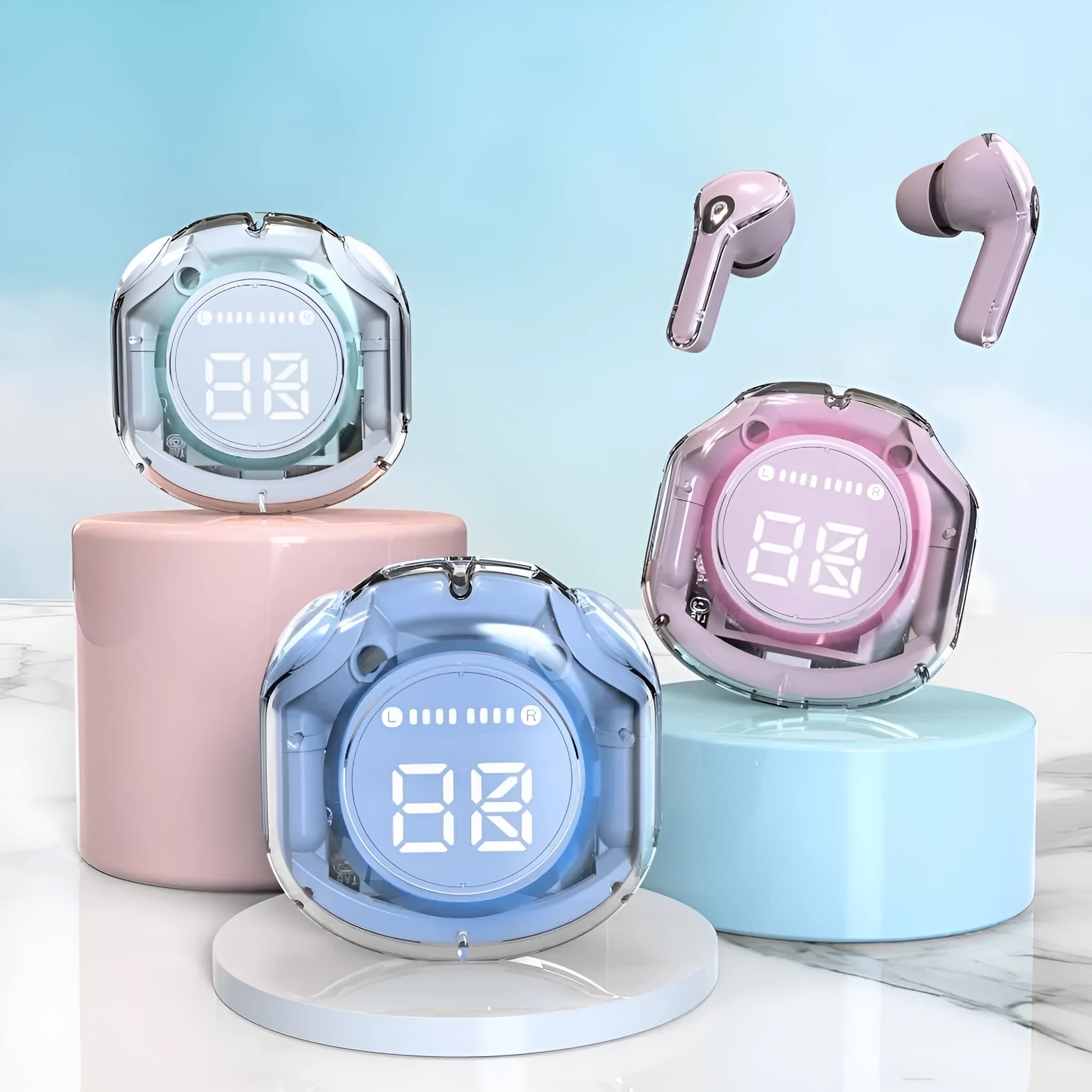 Transparent case wireless Bluetooth headset in five colours: white, black, pink, sky blue, violet.