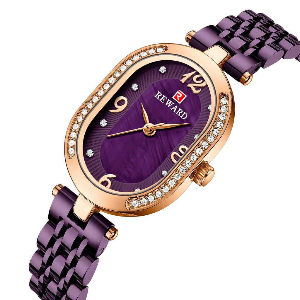 Ladies oval watch with diamond dial, 24mm case, gold-tone or rose-tone finish, and coloured strap
