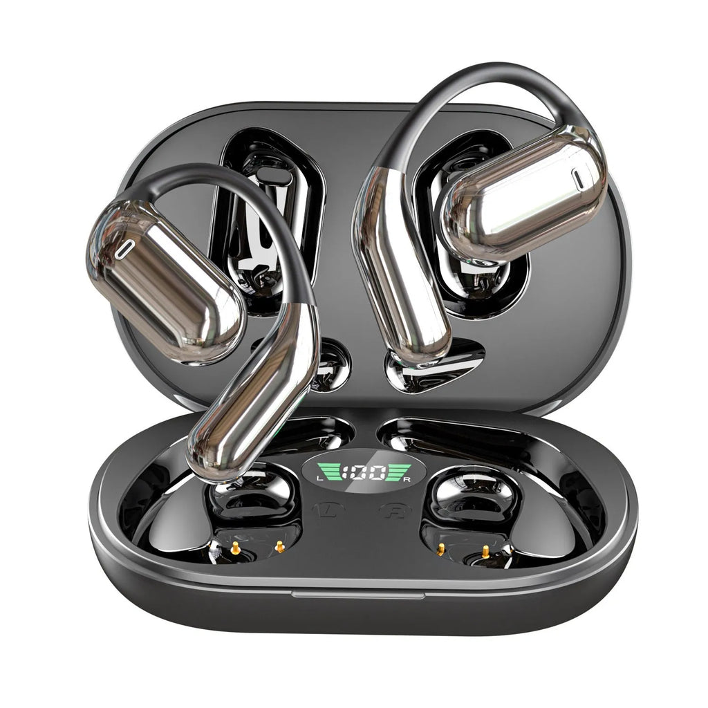 Black open ear Bluetooth headset with ear hook and digital display on charging case