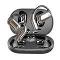 Black open ear Bluetooth headset with ear hook and digital display on charging case