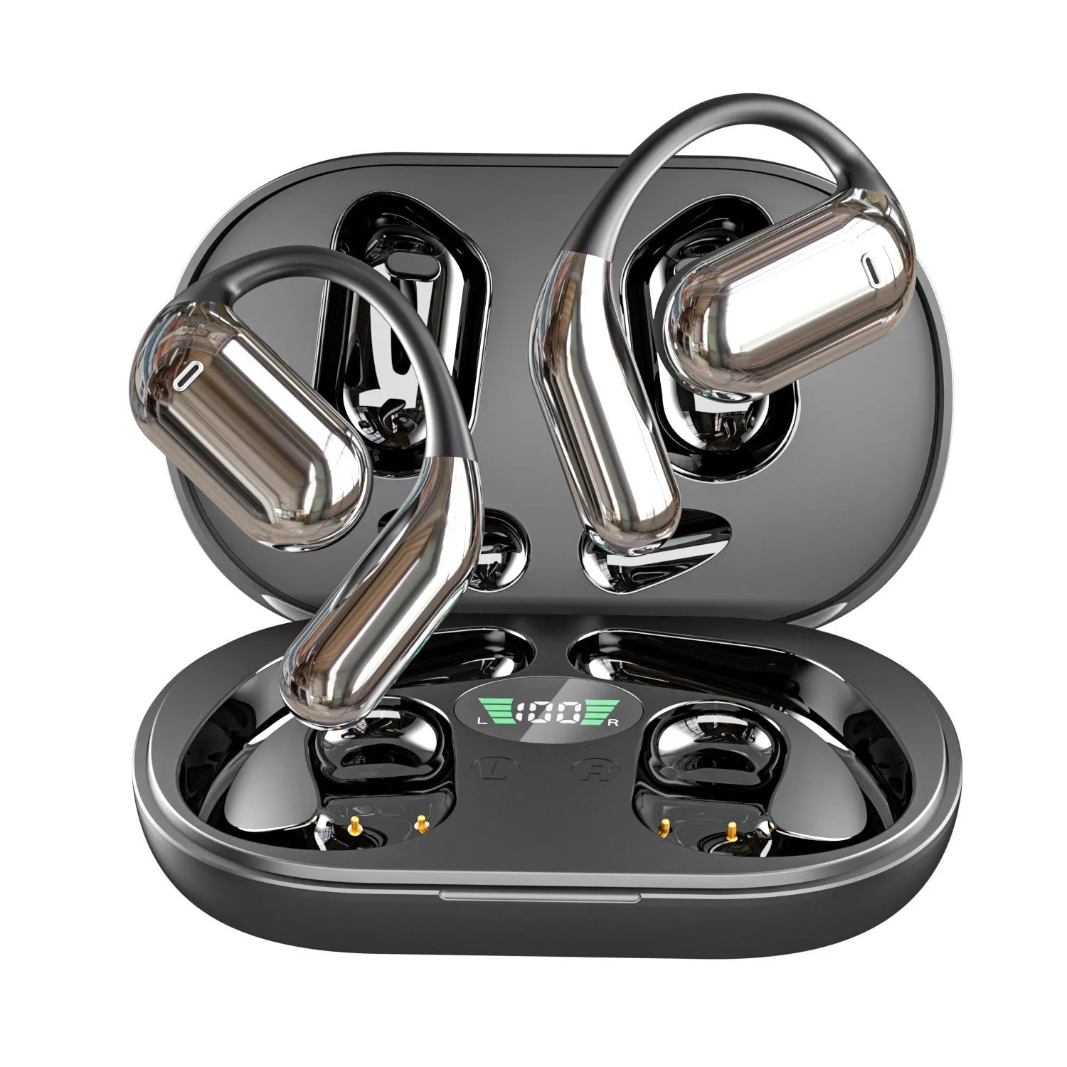 Black open ear Bluetooth headset with ear hook and digital display on charging case