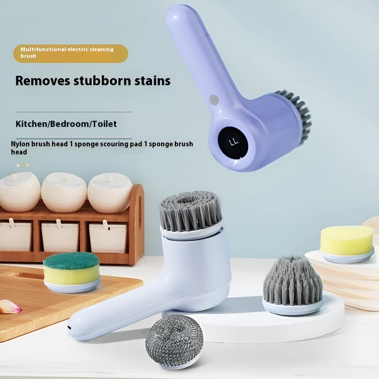 Light grey USB rechargeable electric cleaning brush with multiple interchangeable heads for kitchen use.