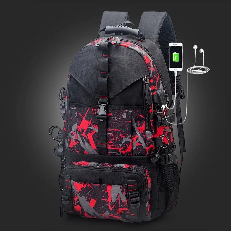 Men's black waterproof Oxford cloth hiking backpack showing front compartments and adjustable air pillow belt straps.