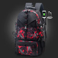 Men's black waterproof Oxford cloth hiking backpack showing front compartments and adjustable air pillow belt straps.