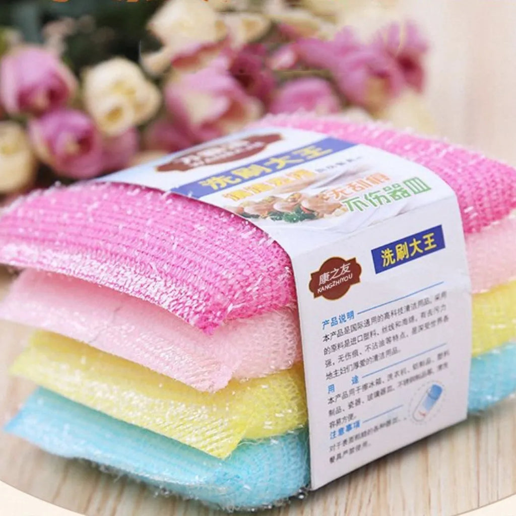 Pinstripe fabric dishwashing sponge mop in mixed macaron colours on a kitchen counter.