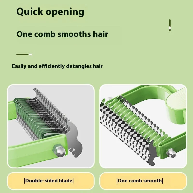 Green and grey dog detangling combs showing small and large size options with stainless steel pins on a PP handle.