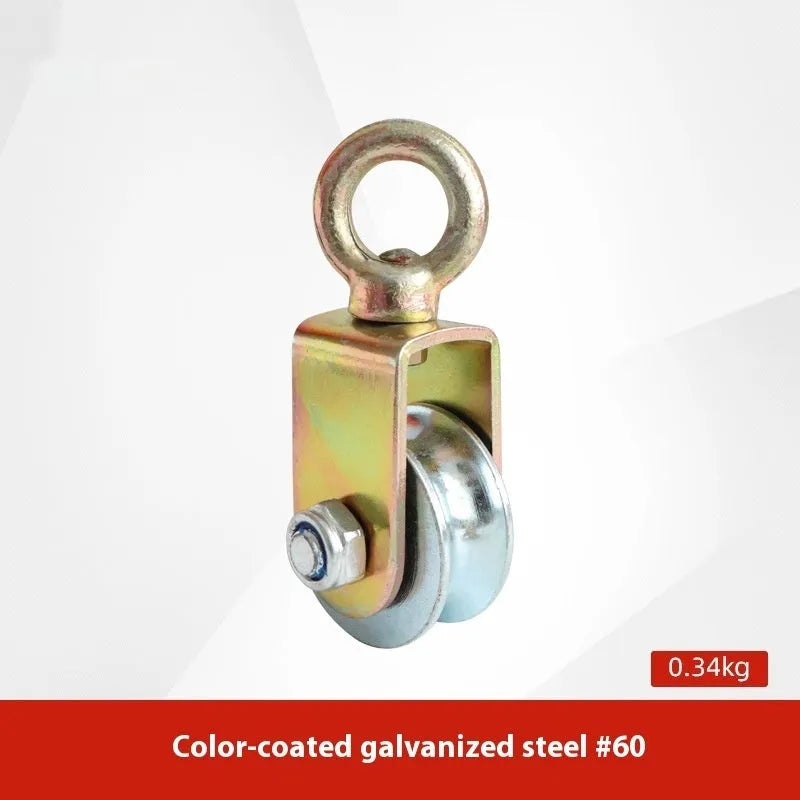 Red industrial steel lifting pulley with a safety latch on the hook for secure lifting.