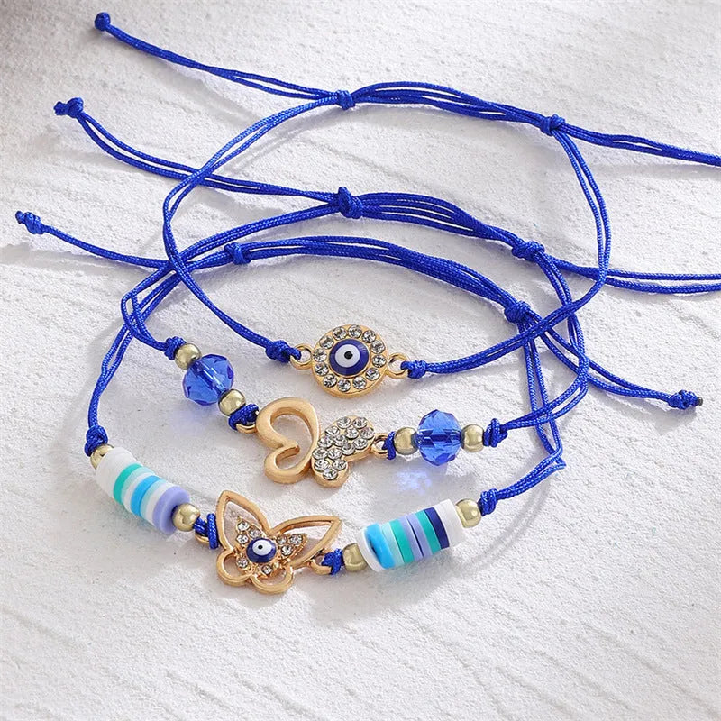 Diamond hand woven alloy wire adjustable combination bracelet set 3pc unisex butterfly design
