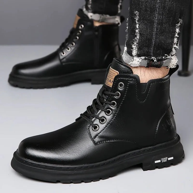 Men's black Martin boots with thick flat rubber sole and front lace-up closure