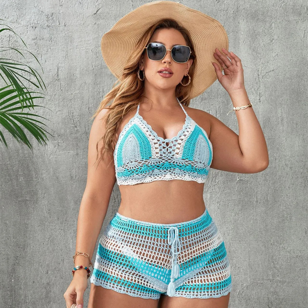 Women's blue hollow out strap swimsuit with split construction in acrylic fabric