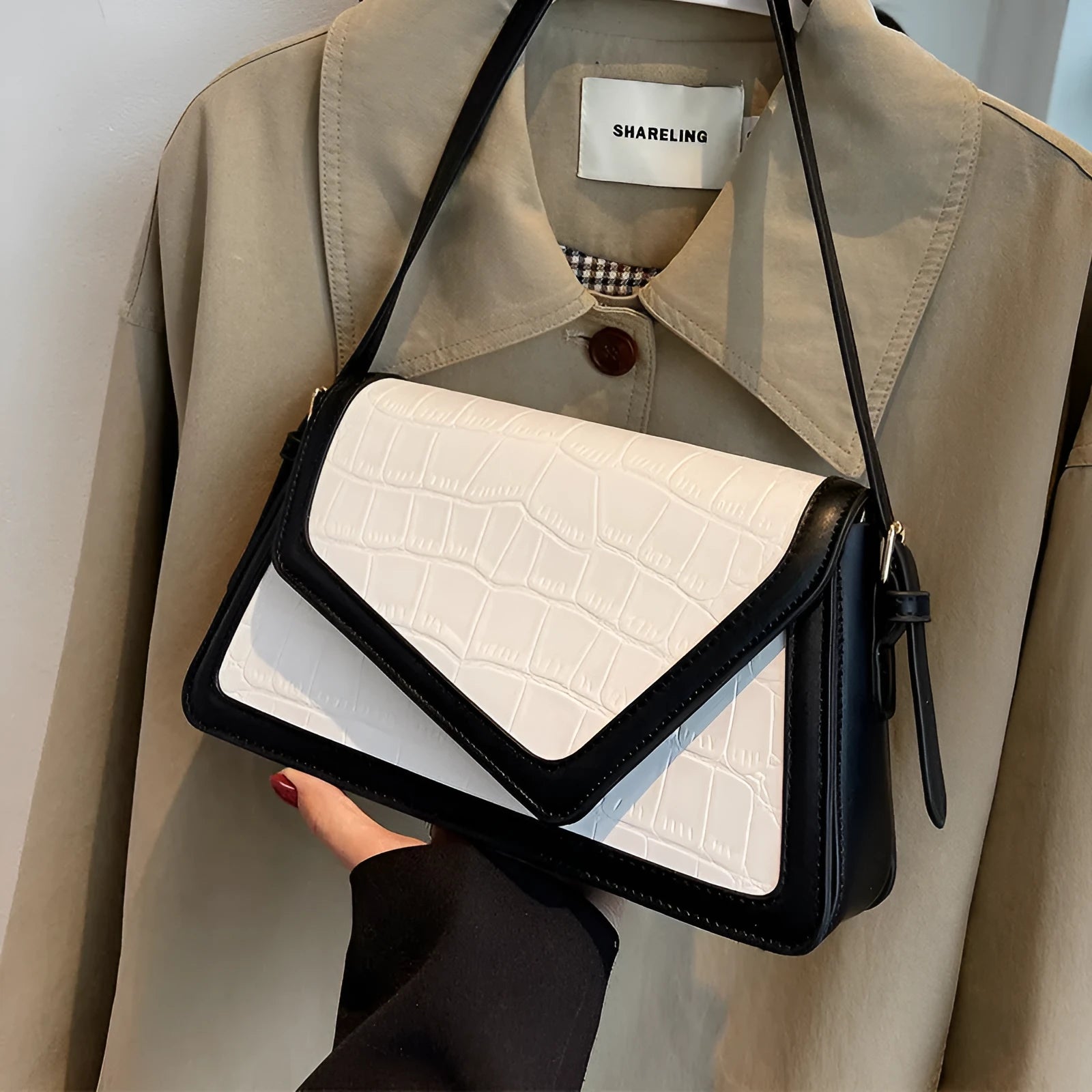 Stone pattern square shoulder bag in PU material with horizontal shape and one strap