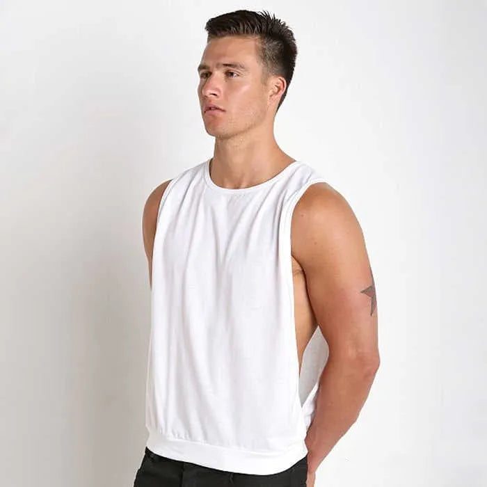 Men's sleeveless loose fit sports vest with side slits in black and white, sizes M to 4XL