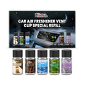 Car air freshener refill pack showing five small 10ml bottles with different scent labels.
