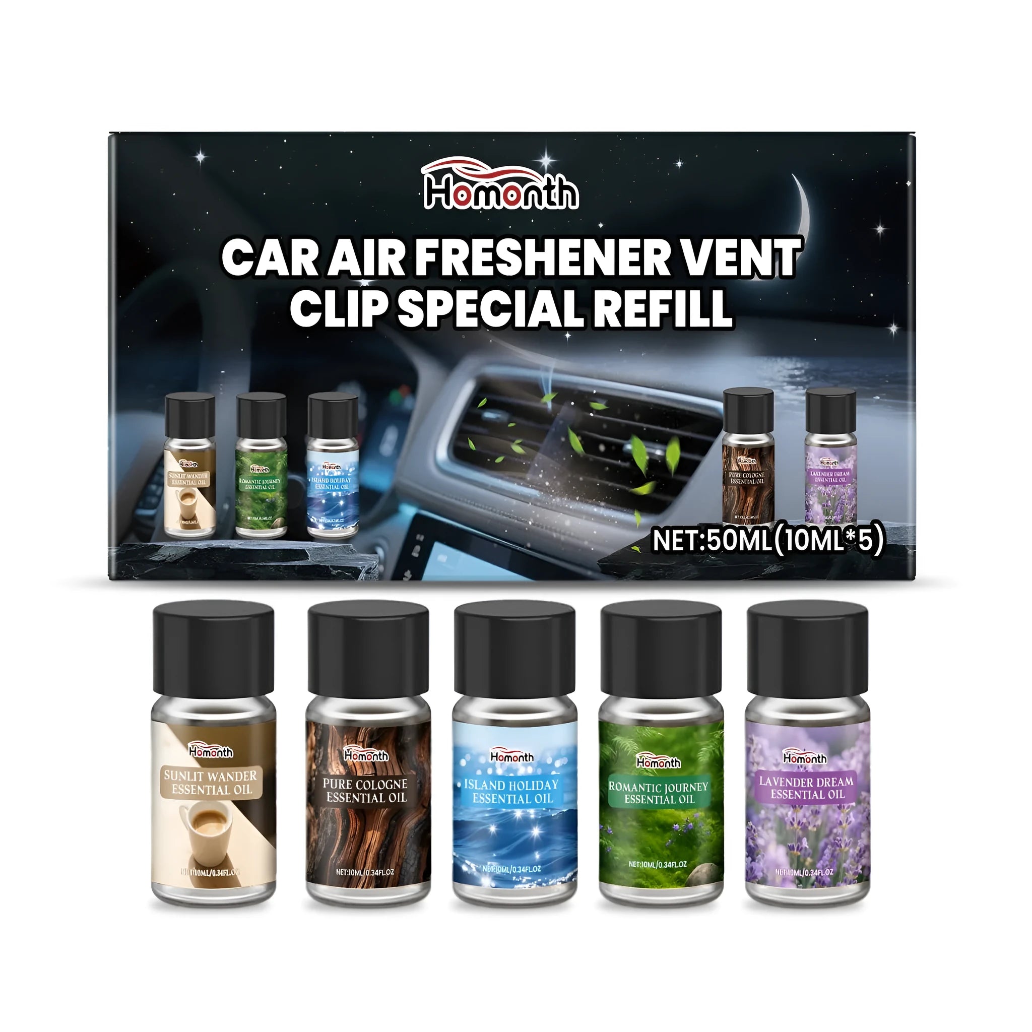 Car air freshener refill pack showing five small 10ml bottles with different scent labels.
