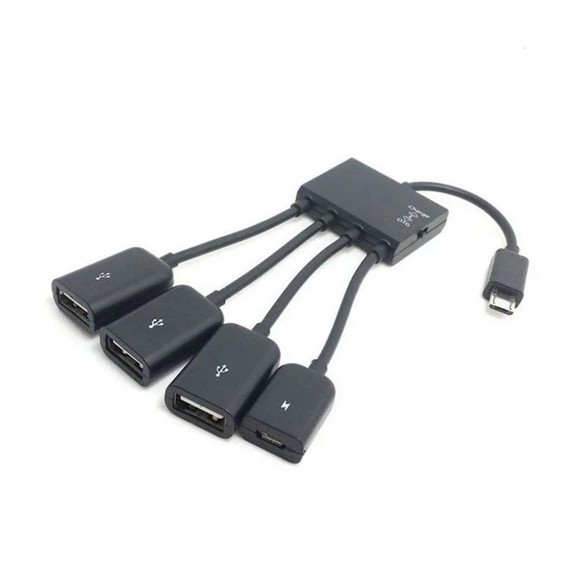 Black Micro USB OTG hub adapter with one-to-four ports and 0.25-metre cable