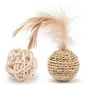 Two cat toys: hollow rattan ball with bell and faux feather ball in primary colours
