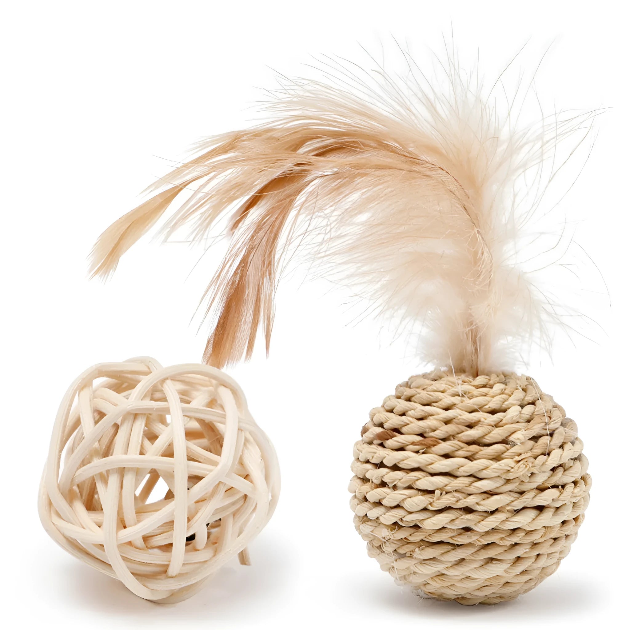 Two cat toys: hollow rattan ball with bell and faux feather ball in primary colours