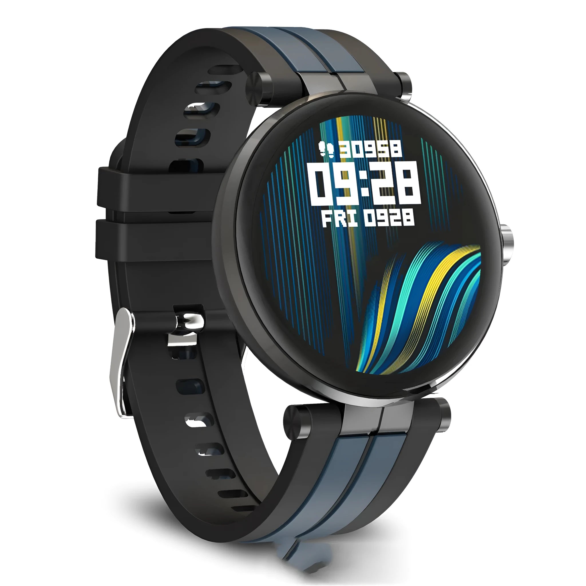 Smart watch with blood pressure monitor on wrist showing heart rate display and black silicone strap