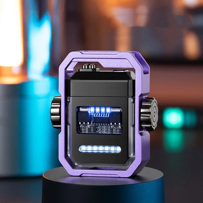 Blue zinc alloy electric lighter with a spinning gyroscope and a visible double ignition arc.