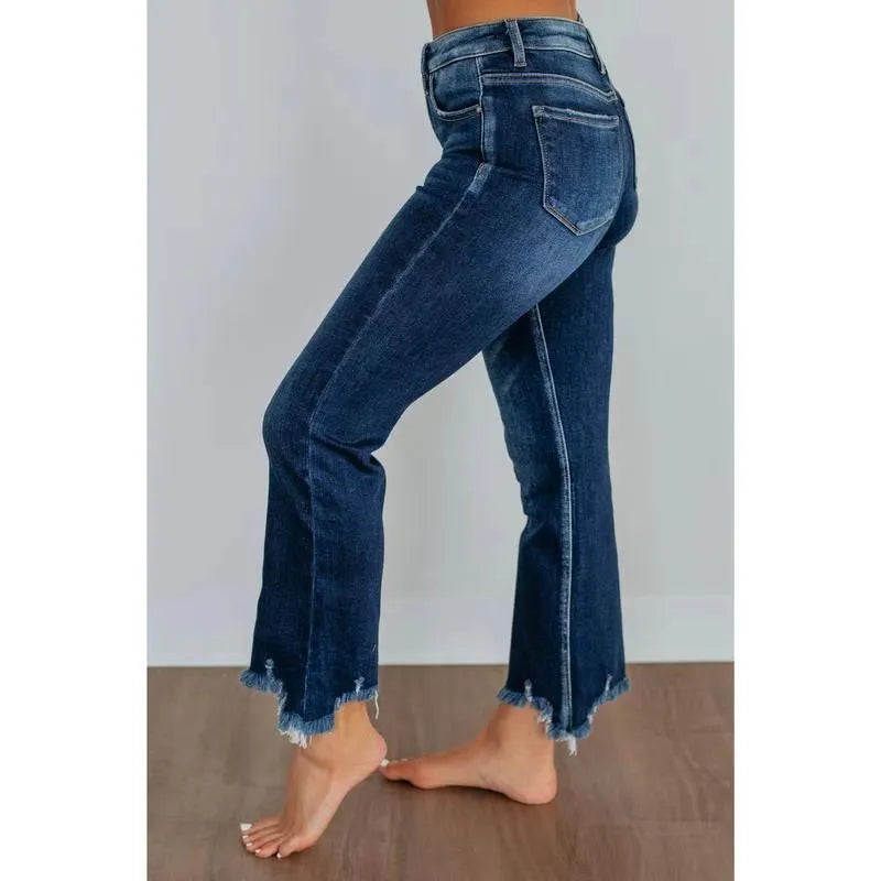 Women's solid colour denim trousers with hand-worn distressing in dark blue and light blue washes