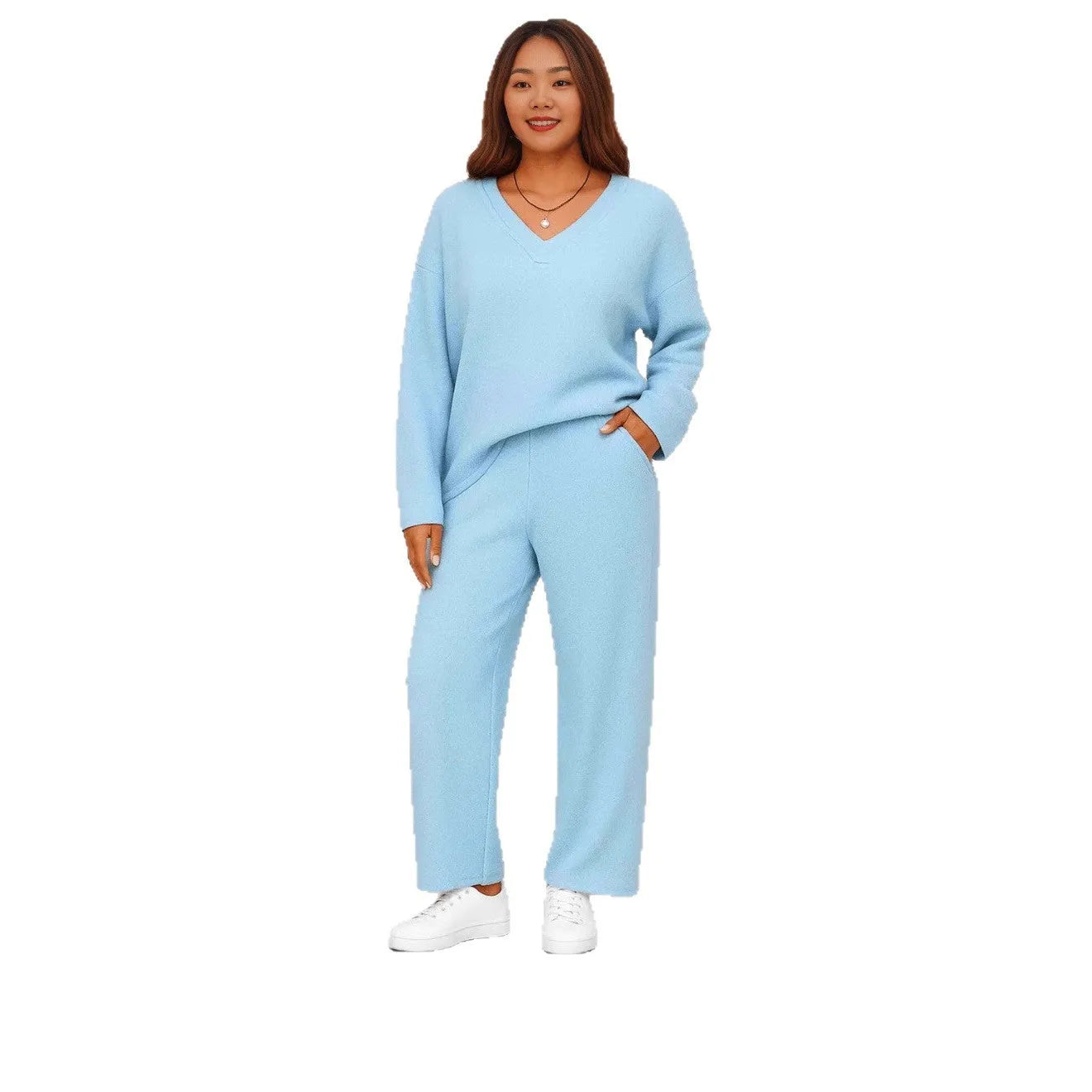 Women's V-neck wool loose pockets leisure suit two-piece pajamas in solid colour, polyester fabric, long sleeves, loose fit trousers