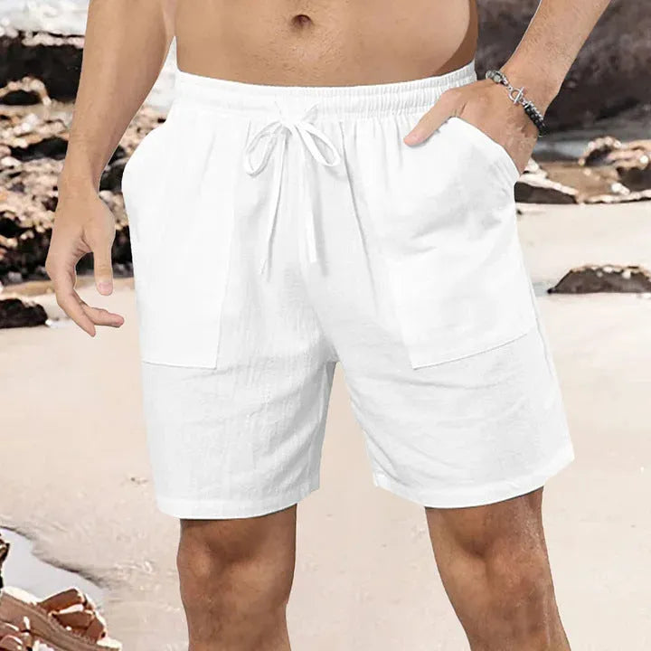 Men's casual cotton linen shorts in light blue colour with straight leg sports design