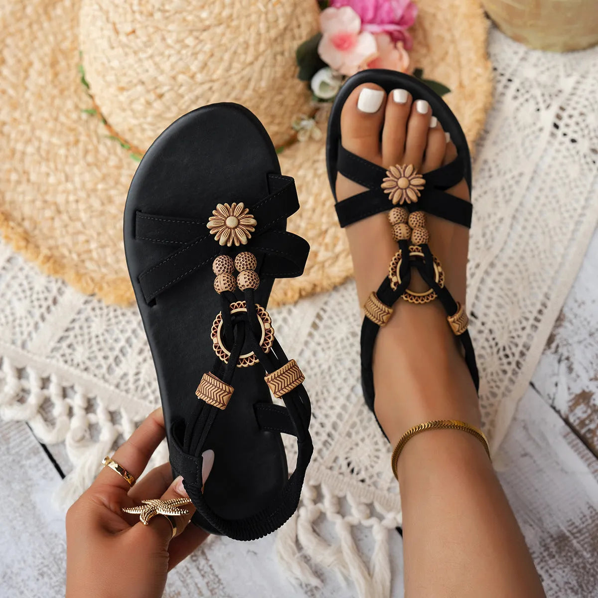Black ethnic style flat women's sandals with beaded weave open toe and rhinestone decoration