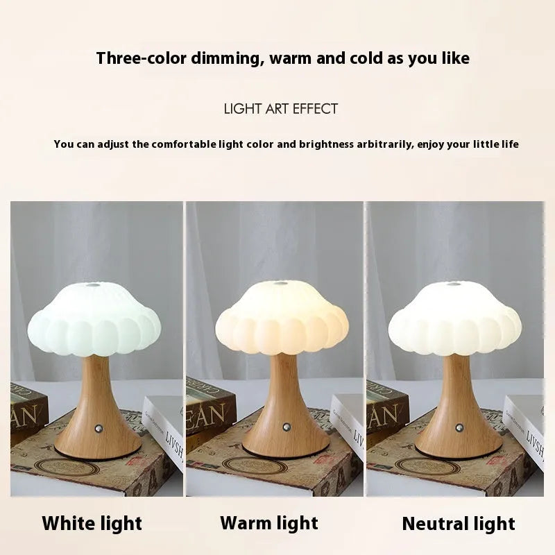 Mushroom-shaped touch control table lamp with USB charging port in wood grain finish.