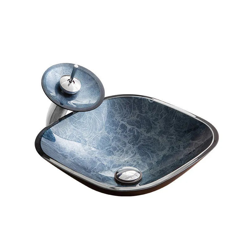 Blue grey foil coloured tempered glass bathroom vanity basin with a simple art design