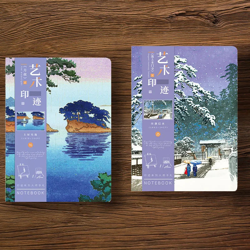 Ukiyo-e Kanagawa wave art cover hand ledger notebook open on a table.