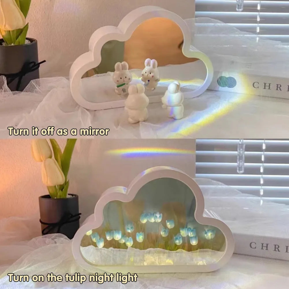 DIY cloud tulip night lamp kit with LED light, mirror, and photo frame on a desk