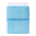 Pack of white pet urinal pads showing layered edge and bamboo charcoal variant, with size guide showing S M L XL dimensions.