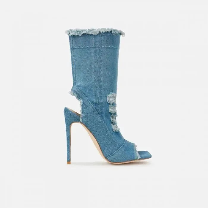 Peep toe denim ankle boots with stiletto heel and PU upper, four colour styles, sizes 35-44