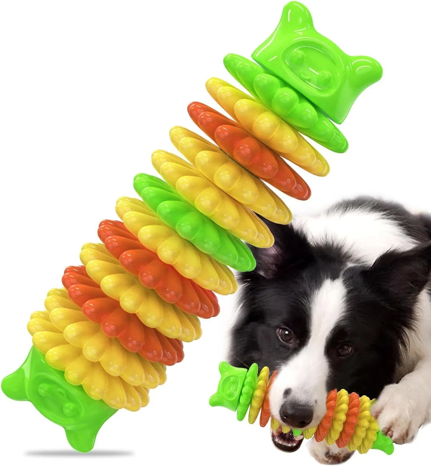 Blue rubber caterpillar-shaped dog chew toy on a white background.