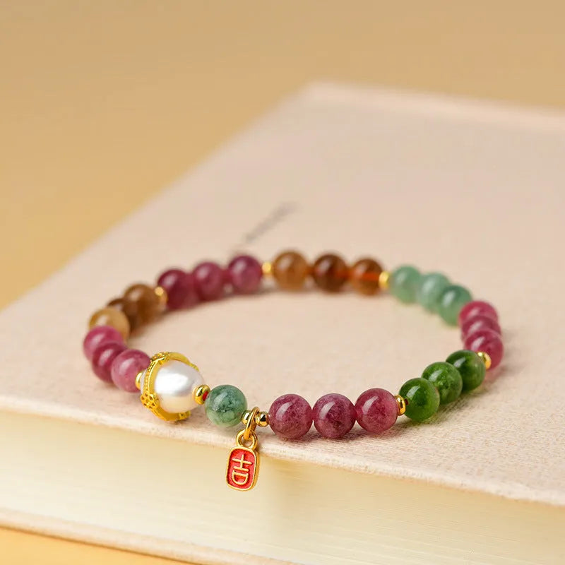 Geometric chalcedony bracelet with tourmaline accents, 6.5mm bead diameter, unisex natural crystal jewellery